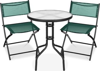 Best Choice Products 3-Piece Patio Bistro Dining Furniture Set w/ Round Textured Glass Tabletop, Folding Chairs