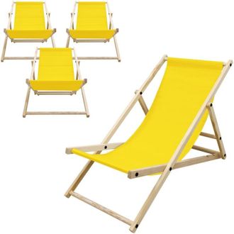 ECD Germany Set di 4 Sedie a Sdraio Gialle in Legno di Pino fino a 120 kg Schienale Regolabile 3 Posizioni Lettino Prendisole da Esterno per Spiaggia Sdraiette