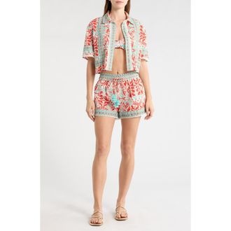 Ramy Brook Lorna Crop Cover-Up Shirt in Flame Combo at Nordstrom, Size Xx-Small