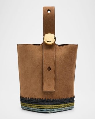 Loewe Pebble Raffia-Bottom Mini Bucket Bag in Suede