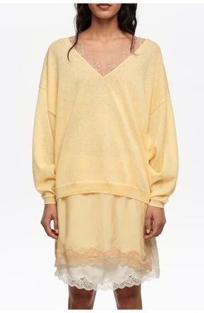 Bimba & Lola Long Linen Cotton Lace Sweater in Light Yellow at Nordstrom, Size Xx-Small Eu