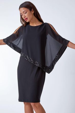 Roman Sequin Trim Asymmetric Chiffon Overlay Dress