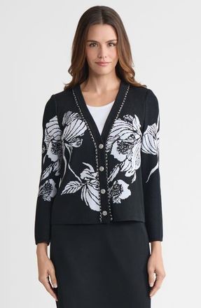 Ming Wang Heritage Chain Trim Floral Jacquard Knit Cardigan in Black/white at Nordstrom, Size Xx-Small
