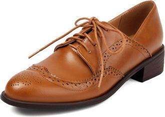 Generic Womens Two Tone Brogue Oxfords Lace-Up Round Toe Wingtip Perforated Low Chunky Heel Dress Shoes Comfortable Classic Vintage Inspired Style,Yellow,5.5 