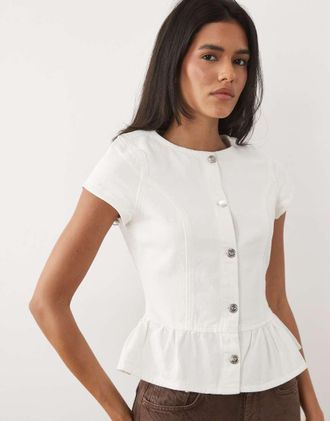 Miss Selfridge Top peplo in denim a maniche corte color crema in coordinato-Bianco