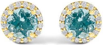 House of Brilliance 10K Gold Gemstone and 1/6 Cttw Diamond Halo Stud Earring in Yellow | Blue Aquamarine at Nordstrom