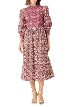 English Factory Floral Smock Bodice Midi Dress in Pink at Nordstrom, Size Small