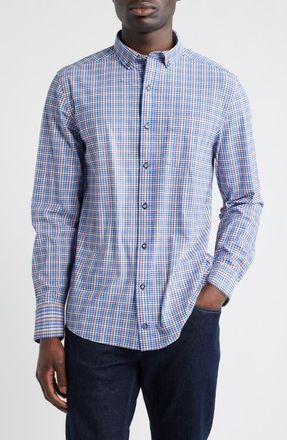 Johnston & Murphy XC Motion Performance Knit Button-Up Shirt in Blue Multi Check at Nordstrom, Size Xxx-Large