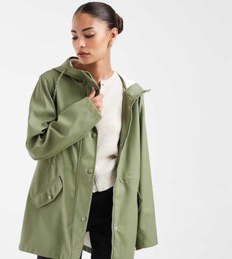 Vero Moda Petite giacca impermeabile spalmata con cappuccio in verde oliva
