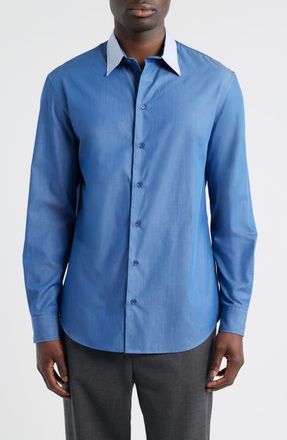 Emporio Armani Blue Cotton Button-Up Shirt with Pinstripe Collar in Solid Bright Blue at Nordstrom, Size Xx-Large