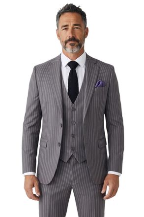 TruClothing Mens Grey Pinstripe 3 Piece Formal Tailored Fit Suit - IM45