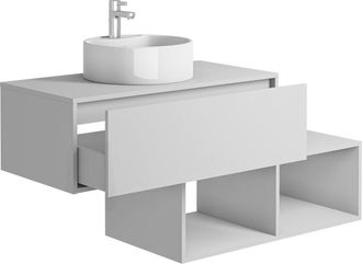 Vente-Unique Mueble de baño flotante blanco con lavabo redondo - 1 cajón y 2 estantes - 94 cm - TEANA II