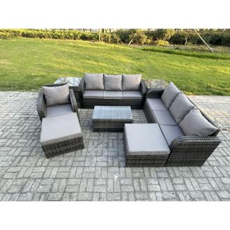 Fimous 9 Seater Rattan Lounge Sofa Set Outdoor Garden Furniture Set with Rectangular Coffee Table 3 Seater Sofa 2 Big Footstool 2 Side Tables Dark Grey