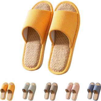 Generic Japanese House Slippers Linen Indoor Slippers Couple Silent Slipper Open Toe Non-Slip Slipper Memory Foam Indoor Shoes Unisex Casual Sliders For Women