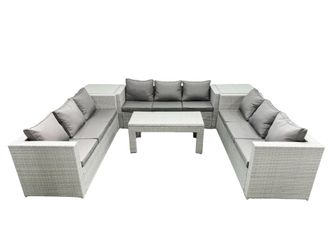 Fimous Rattan Garden Outdoor Furniture Set 9 Seater Garden Sofa Oblong Coffee Table Set with 2 Side Tables Light Grey Mixed
