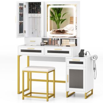 Costway Costway Modern Vanity Set Dressing Table & Chair Set w/ Adjustable Brightness in White
