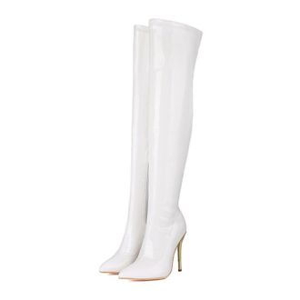 Generic White,5.5 UK,Over The Knee Boots for Women Pointed Toe Stiletto High Heel Side Zipper Fall Boots Patent Leather PU Dating Party Evening Thigh High Sho