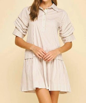 Pinch Design Striped Button-Down Mini Dress In Khaki