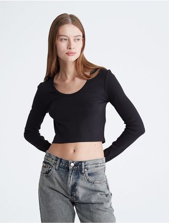 Calvin Klein Womens Cotton Contour Rib Cropped Long Sleeve T-Shirt - Black - XS