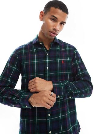 Polo Ralph Lauren Icon - Camicia custom fit in twill sabbiato verde e rossa a quadri con logo
