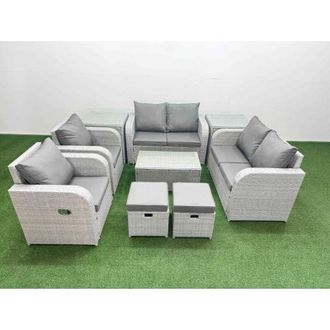 Fimous 8 Seater Outdoor Reclining Chair Love Sofa Set Rattan Garden Furniture Set with Rectangular Coffee Table 2 Stools 2 Side Table Light Grey - Fimous