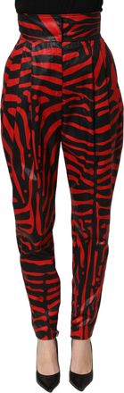 Dolce & Gabbana Womens Red Black Zebra Print Cotton Highwaist Pants Elastane