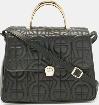 Aigner Black Leather Logo Embossed Genoveva M Top Handle Bag