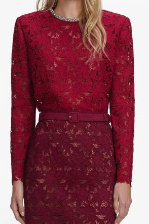 Self Portrait Lace Crystal Trim Top In Red