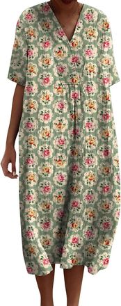 Generic Womens Vintage Floral Art Print Casual Flowing Dress with Pockets V Neck Dress Petite Casual Dresses for Summer (Yellow, XXL)