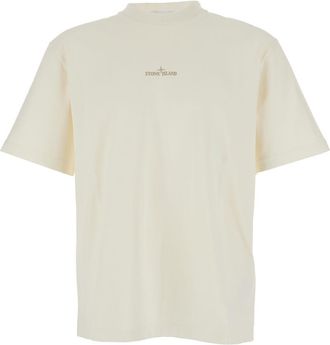 Stone Island White Crewneck T-shirt With Logo Lettering On The Front And Maxi Logo Print On The Rear In Cotton Man