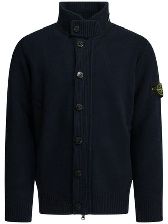 Stone Island High Ribbed Collar Cardigan with Button Placket and Distinctive Patch