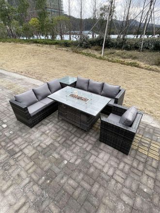 Fimous 7 Seater PE Rattan Corner Sofa Set garden Furniture Gas Firepit Dining Table Set High Side Coffee Table in Dark Grey