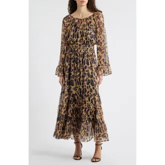 Melloday Smocked Bell Sleeve Maxi Dress in Black Leopard at Nordstrom, Size X-Small