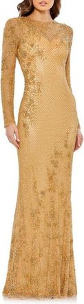 Mac Duggal Long Sleeve Embellished Evening Gown in Gold at Nordstrom, Size 18