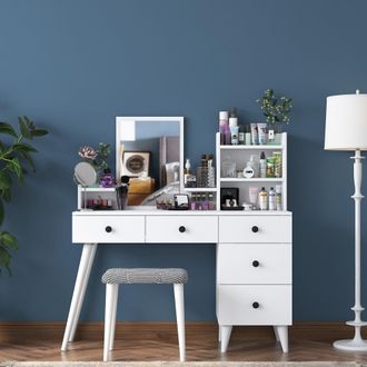 Dmora Toalet Lusia, Tocador Con Espejo Incluido, 4 Cajones, Con Patas, 125x40x94h Cm Blanco