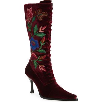 Jeffrey Campbell Joyeux Floral Lace-Up Knee High Boot in Wine Velvet Floral Multi at Nordstrom Rack, Size 8.5