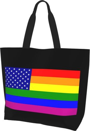 AOOEDM Rainbow American Flag Ladies Canvas Tote Reusable Shopping Bag