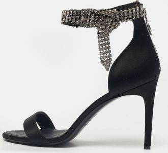 Oscar De La Renta Oscar De La Renta Black Satin Crystal Bow Embellished Ankle Strap Sandals