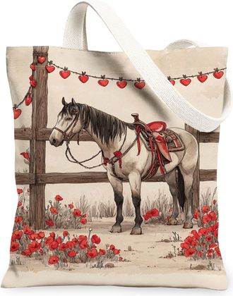 Generic Vintage Horse Canvas Tote Bags, Rustic Floral Design Reusable Grocery Bags, Lightweight Washable Shoulder Strap Canvas for, Beige, 13x15 Inch
