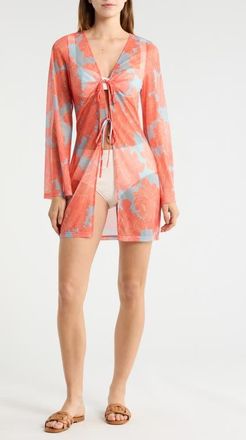 Hutch Tie Front Long Sleeve Cover-Up in Sky Blue Peonies at Nordstrom, Size X-Large
