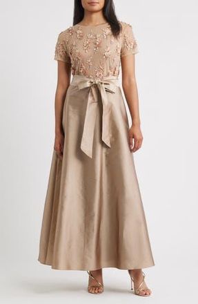 Pisarro Nights 3D Floral Bodice Beaded Gown in Mocha 228 at Nordstrom Rack, Size 14