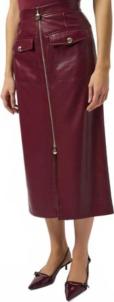 Joseph Ribkoff Faux Leather Zip Front High Waist Midi Skirt In Merlot