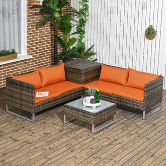 OUTSUNNY Rattan Garden Furniture Set with Storage Table, Cushions in Orange