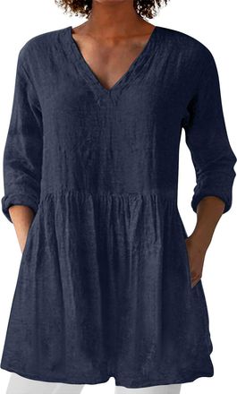 Generic Womens Summer Cotton Linen Blouse Tops for Women UK Button Down V-Neck Blouses Lounge Baggy Plain Casual Shirts Blouse Solid Color Work Casual Loose B