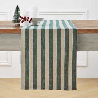 Solino Home Linen Table Runner for Dining Table, Holiday and Everyday Table Decor - Sorrento Stripe in Hunter Green And Natural at Nordstrom, Size