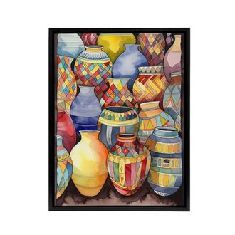 Artery8 Glazed Ceramic Pot Vases Folk Art Framed Canvas Wall Art Print | Size: W24 x H32