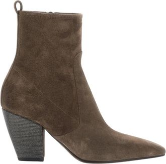 Brunello Cucinelli Su&egrave;de enkellaarsjes met juweelhak - Dames - Laarzen met Hak - Bruin - 39 EU - Su&egrave;de - Schoenen