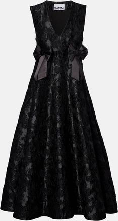 Ganni Bow-detail floral satin cloqu&eacute; midi dress