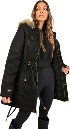 Generic Ladies Parka Jacket Lightweight Padded Military Fishtail Coat - Faux Fur Hood, Plus Size, Warm Winter Women Coat, Adjustable Waist, Multi-Pocket Cotto