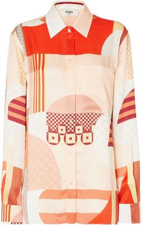 Fendi Overhemden, Dames, Veelkleurig, S, Patchwork Zijden Overhemd met Parelmoerknopen